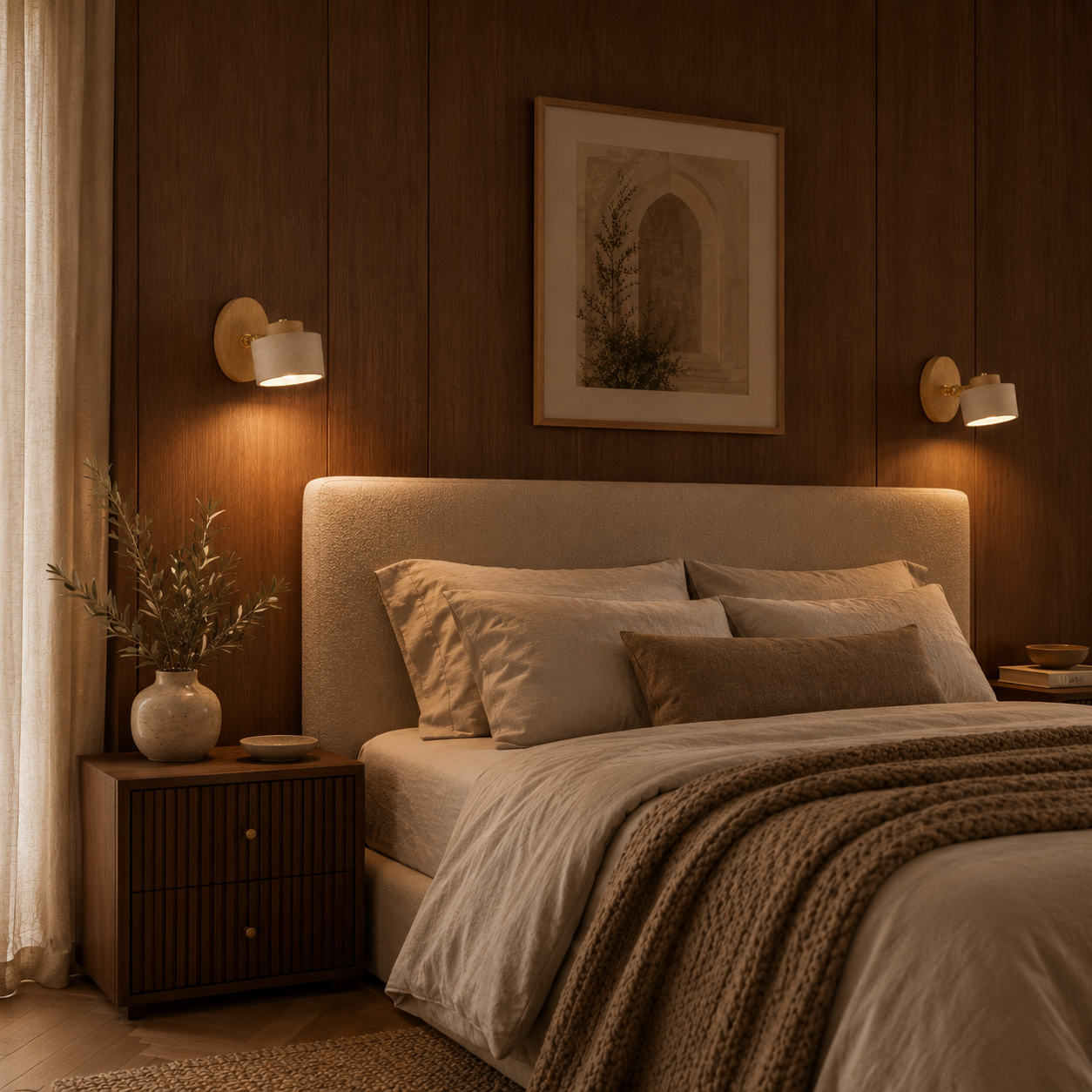 Scandinavian travertine and wood wall light casting a warm glow in a modern room