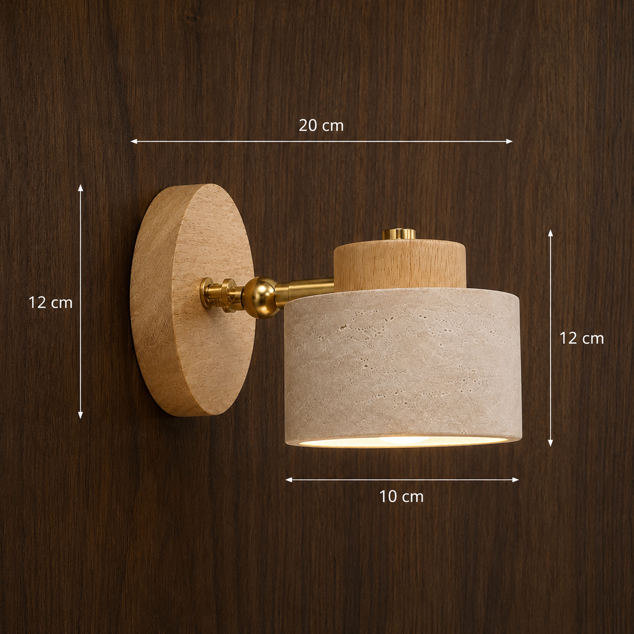 Scandinavian wall light dimensions shown against a wood wall