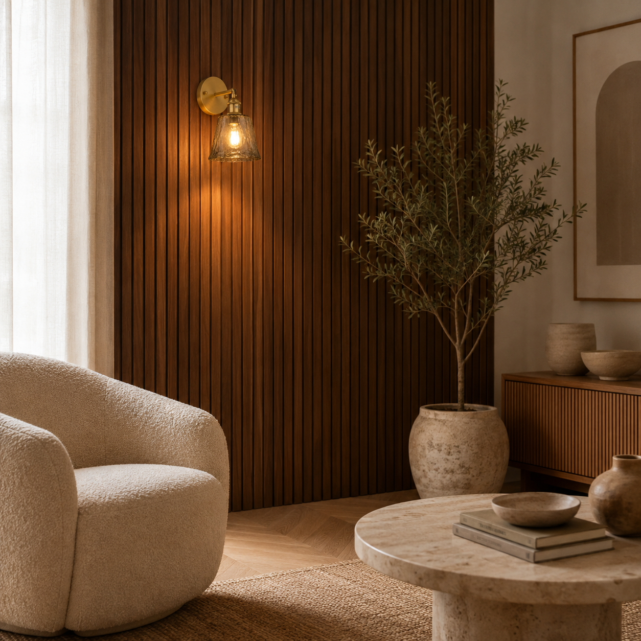Amber glass wall light casting a warm golden glow in a cosy living room