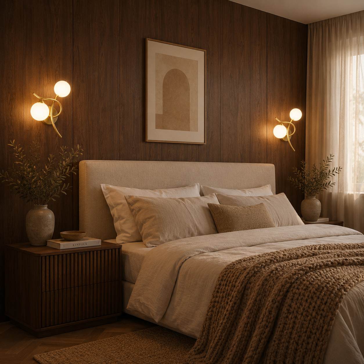 Sculptural metal wall light casting a warm glow in a modern living room