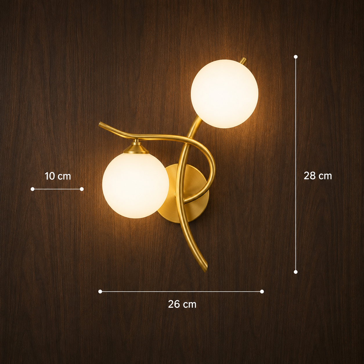 Modern metal wall light shown lit against a wall