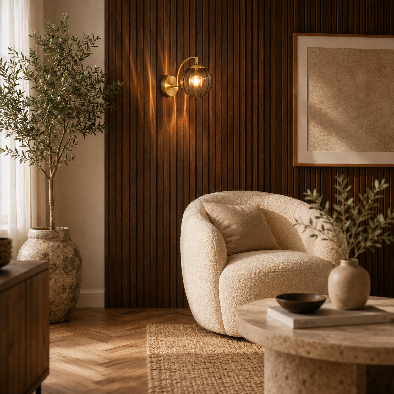 Gold glass and metal wall light casting a warm diffused glow in a modern living room
