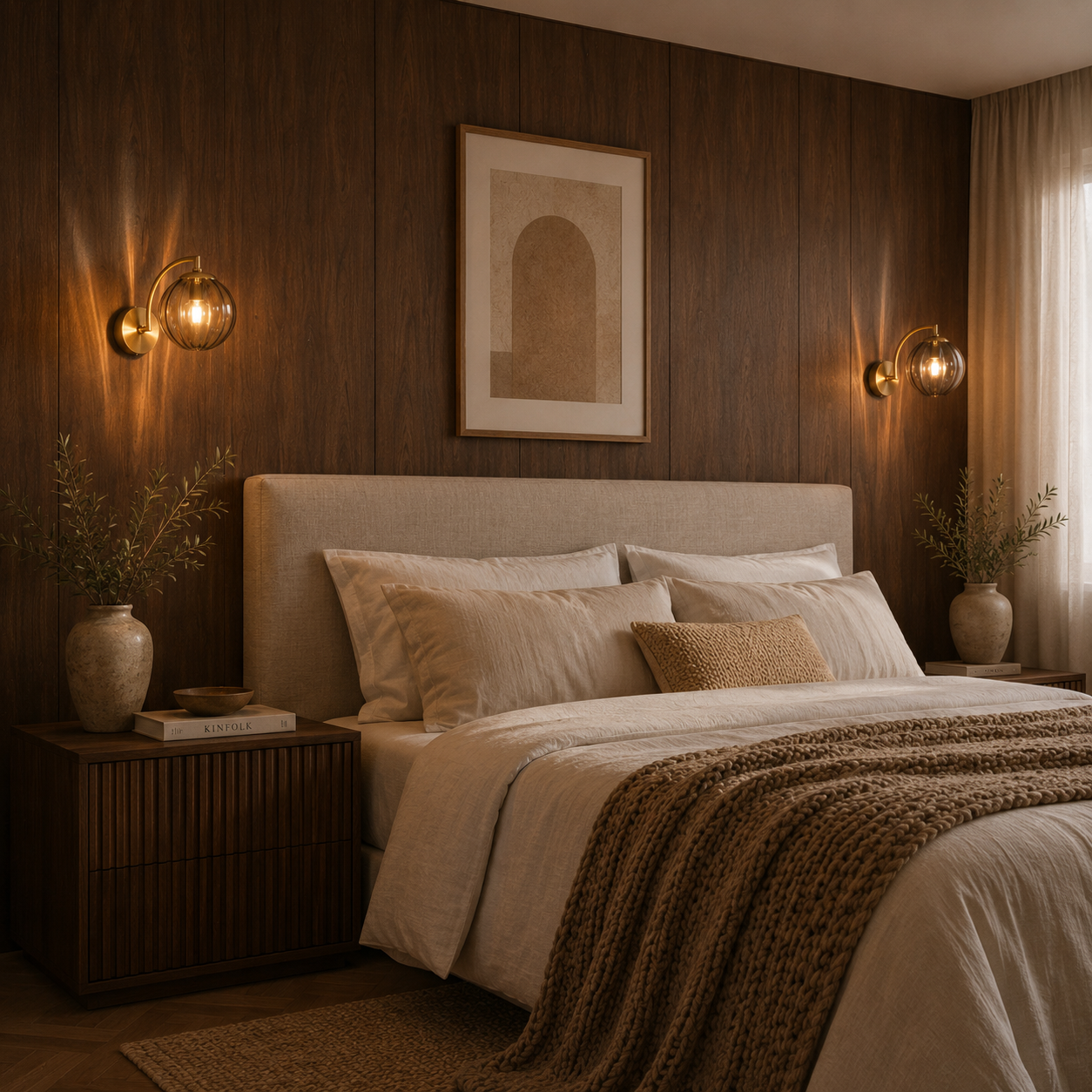 Close-up of the gold finish and glass detail on the Lykta wall light