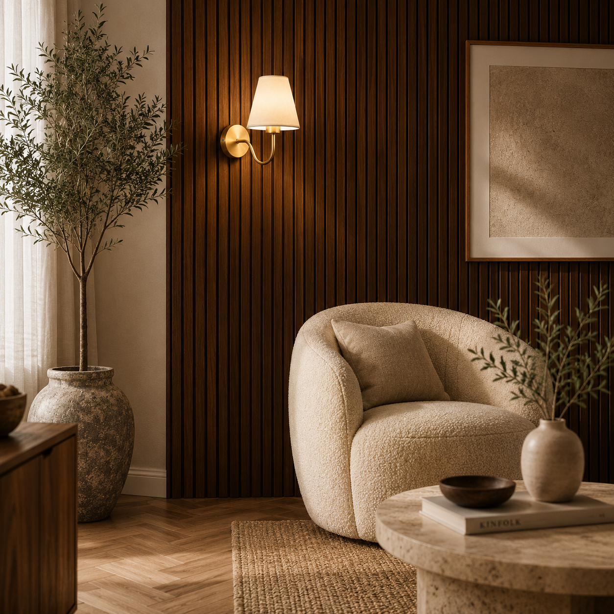 Metal and fabric wall light casting a soft diffused glow in a cosy room