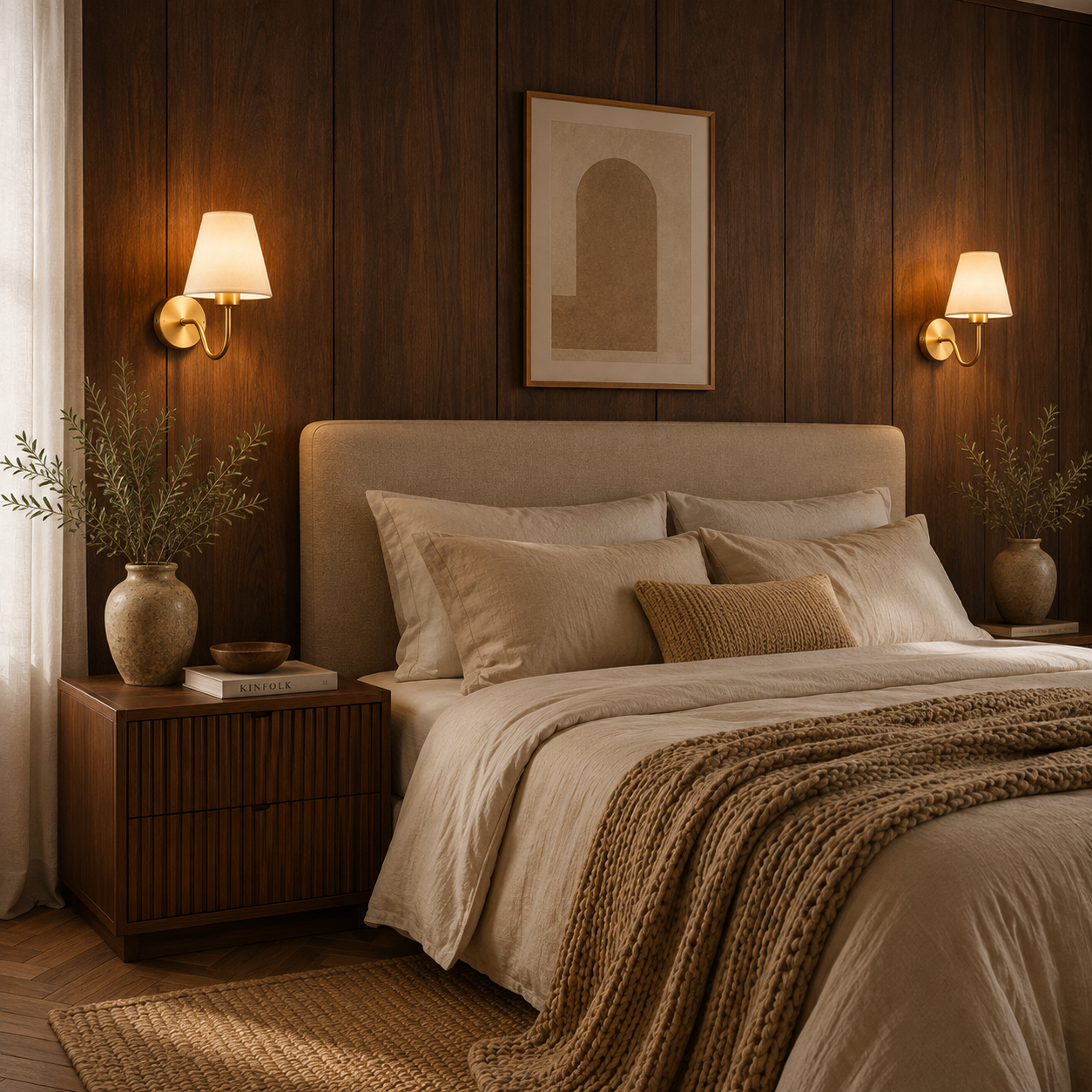 Close-up of the fabric shade and metal frame on the Hytte wall light