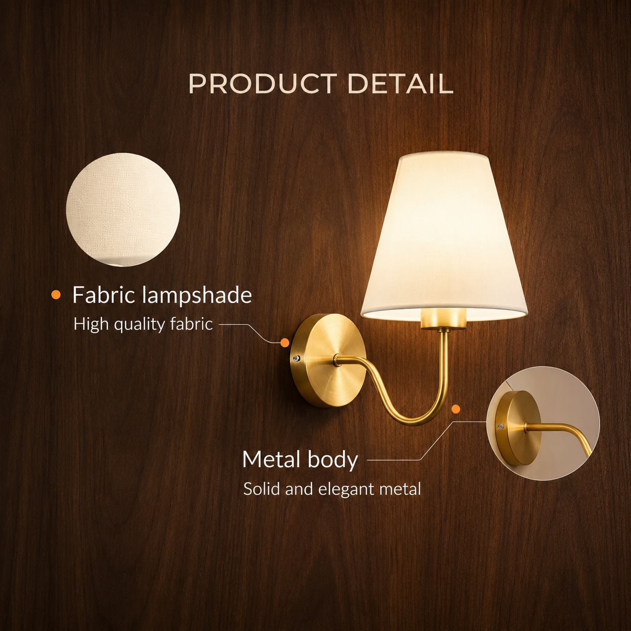 Vintage metal and fabric wall light shown lit against a wall