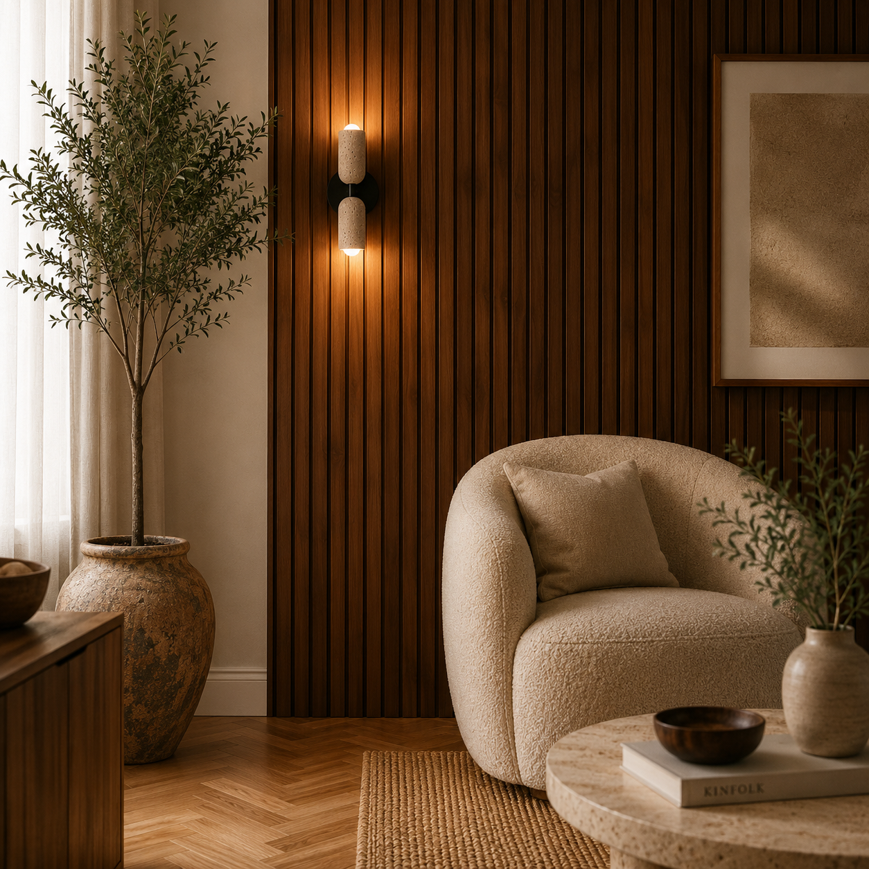 Travertine and solid wood wall light casting a warm glow in a modern room
