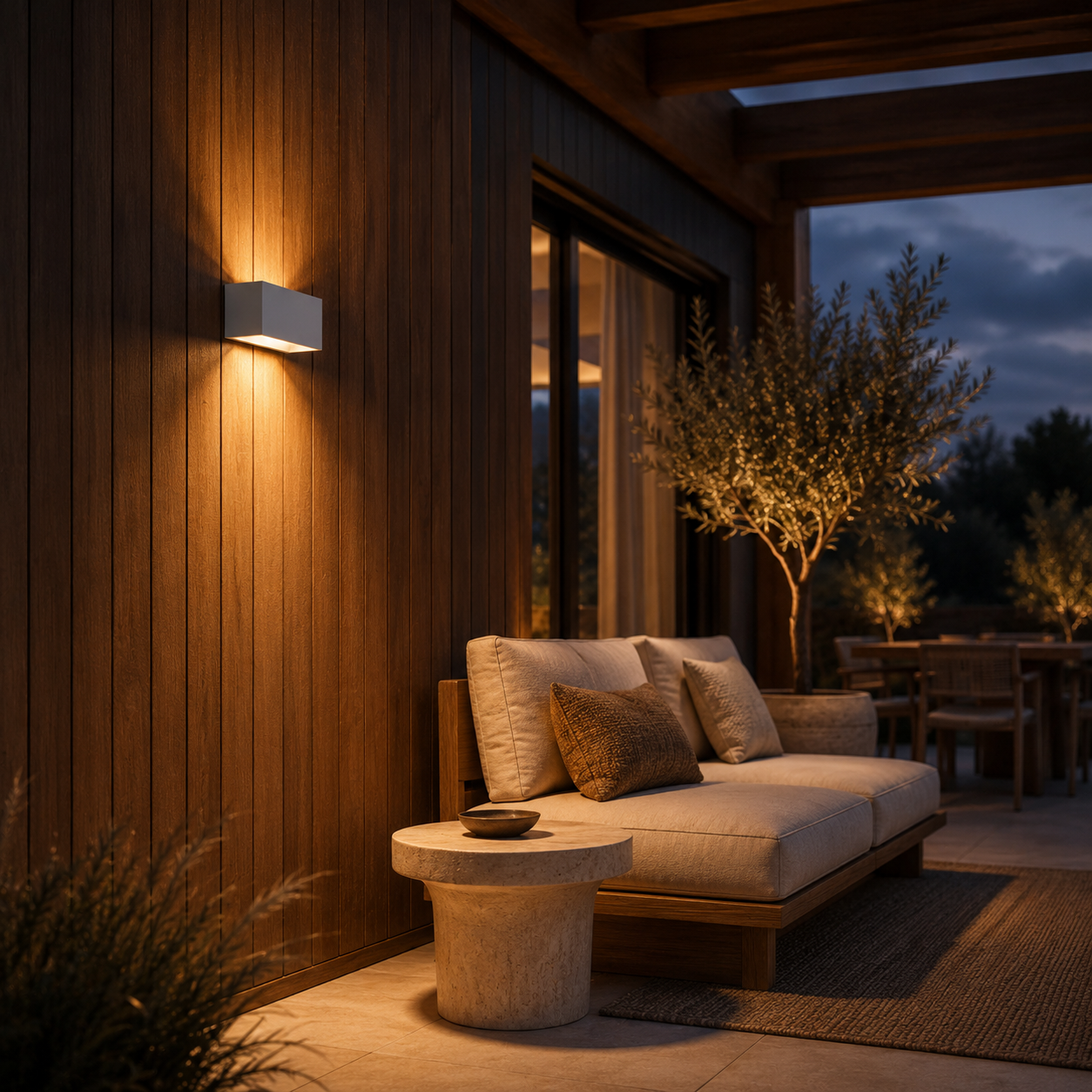 Weatherproof wall light shown lighting a patio in the evening