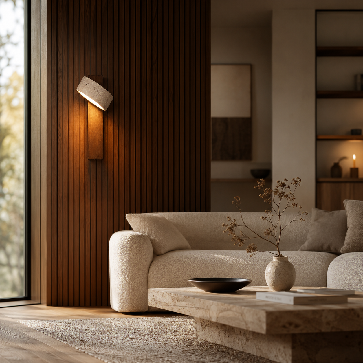 Wood and travertine wall light casting a warm ambient glow in a modern living room